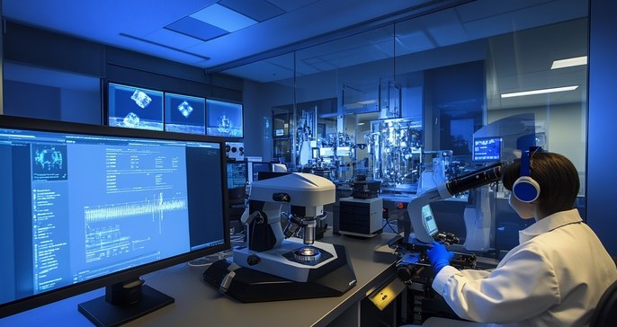 modern medical laboratory technician using digital microscope and computer interface
